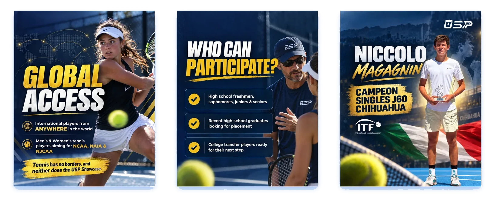 Three carousel slides created by the agent for USP: global access to the tennis showcase, who can take part and a player's win at an international tournament