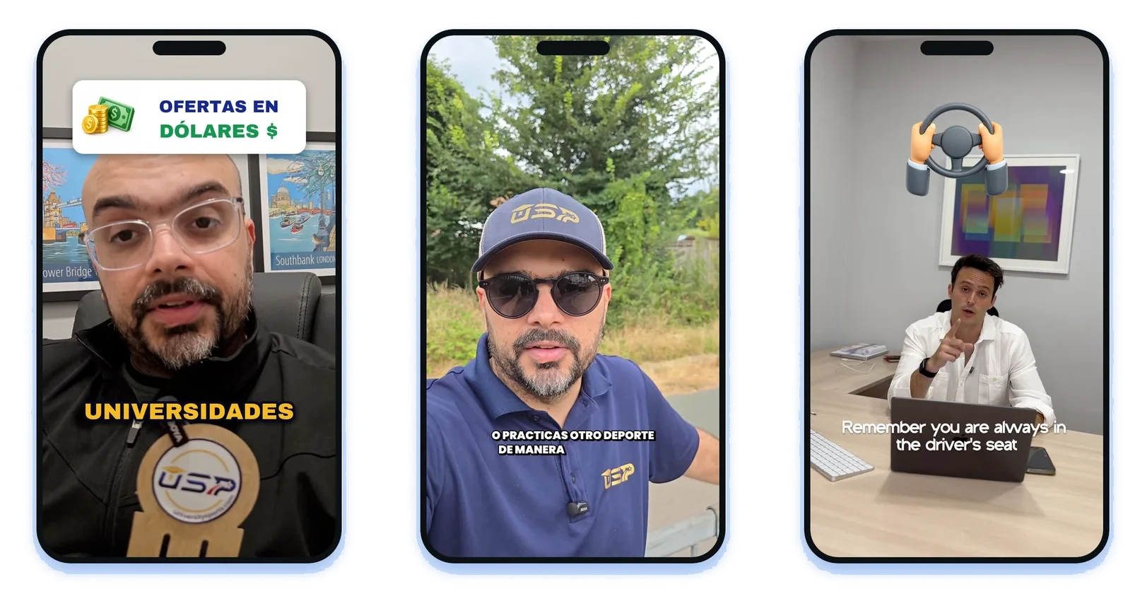Tres reels editados por el agente en iPhone: dos de USP con subtítulos animados y rótulos con iconos en español, y uno de Elevatec con subtítulos en inglés y una pegatina animada