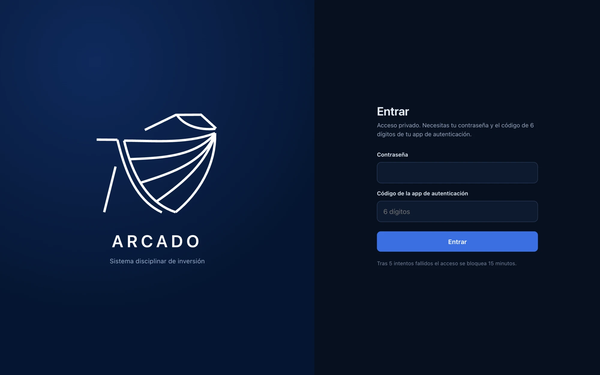 ARCADO login screen, a disciplined investment system, with the logo redrawn in vector and access by password and authenticator app code