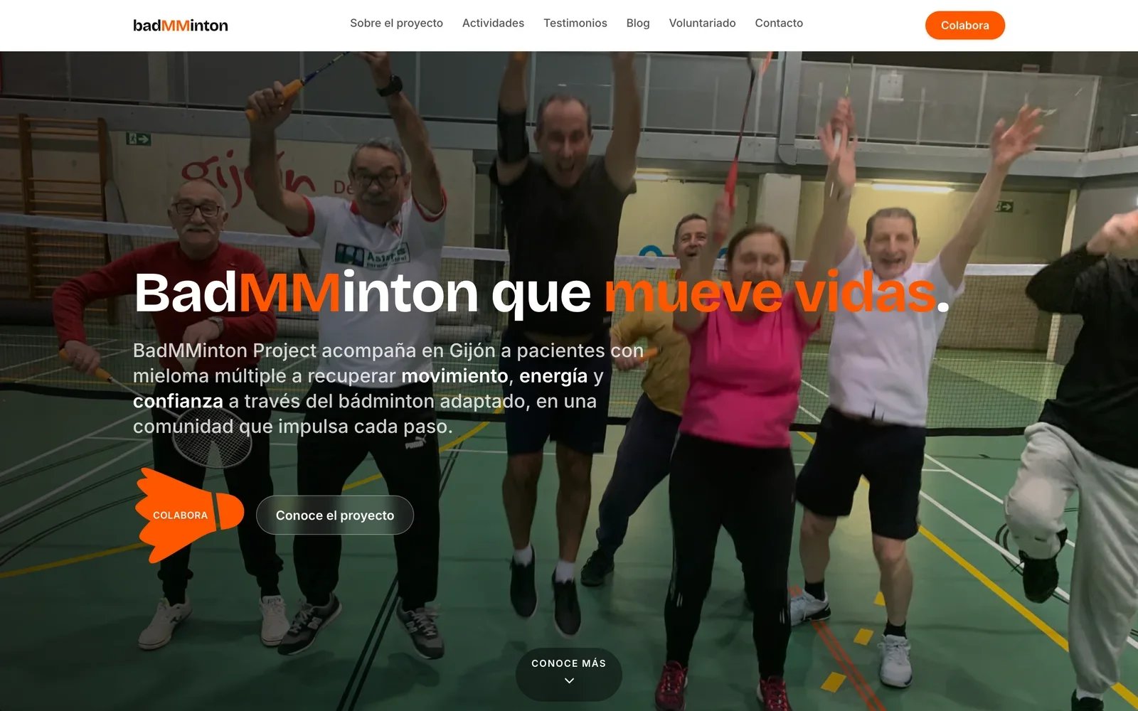 BadMMinton Project home page with the headline badminton that moves lives over a photo of the players celebrating on court
