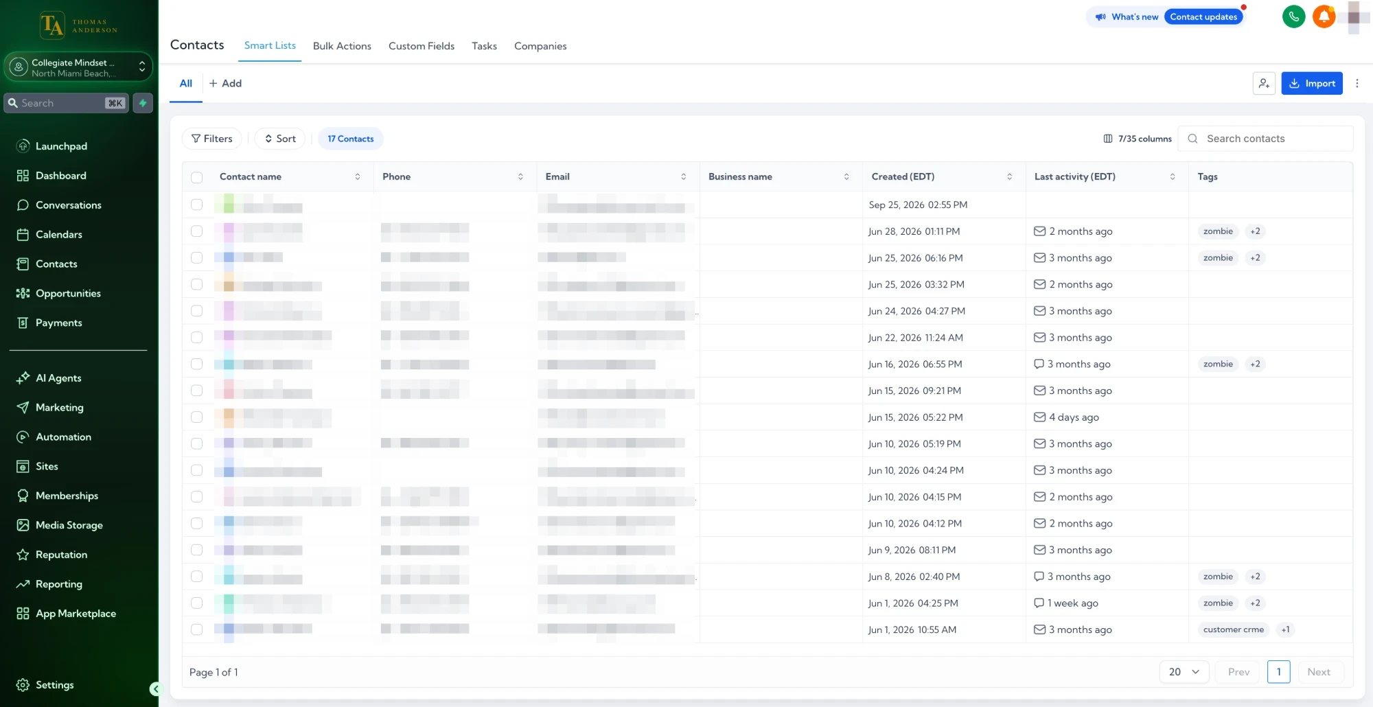 Calm Recruiting Mindset contacts in GoHighLevel with smart lists, follow up tags and the conversations, calendars, opportunities, payments and memberships menu, with personal data blurred
