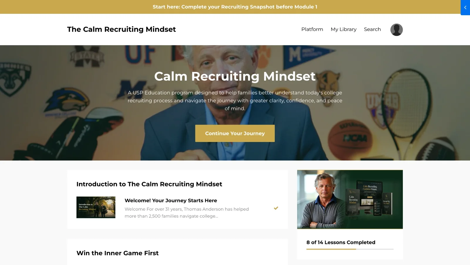 Plataforma del curso Calm Recruiting Mindset, con el módulo de introducción, el progreso de 8 de 14 lecciones completadas y el aviso de completar el diagnóstico inicial