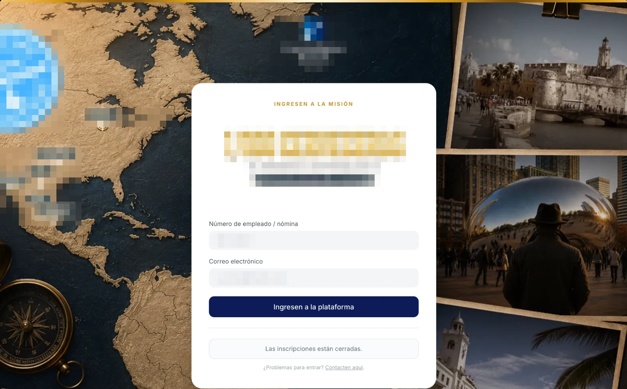 Pantalla de acceso de la plataforma de campaña, con ambientación de misión sobre un mapa y fotografías de las sedes, y el acceso por número de empleado y correo corporativo; la marca del cliente aparece difuminada