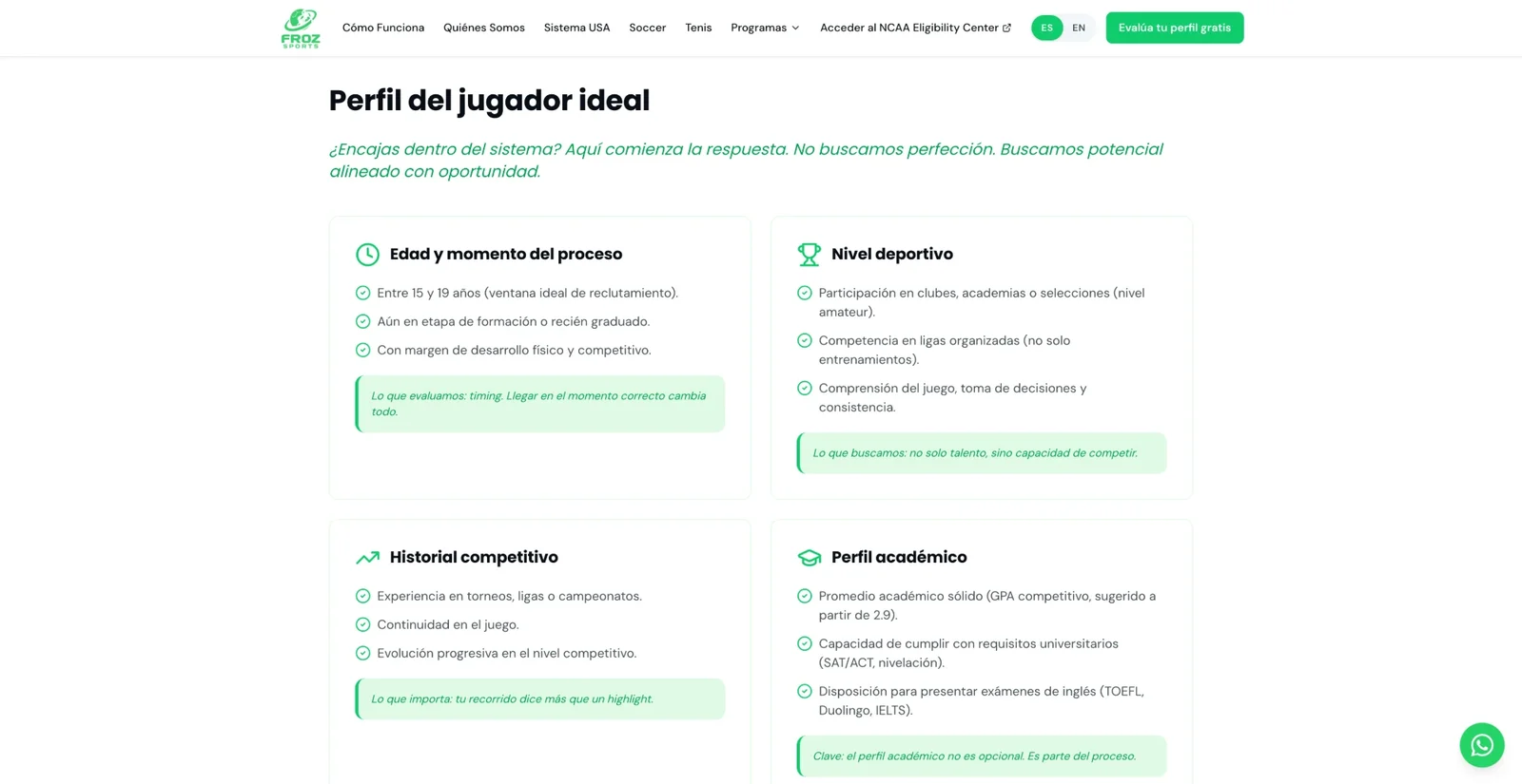 Página de Froz Sports con el perfil del jugador ideal: edad y momento del proceso, nivel deportivo, historial competitivo y perfil académico