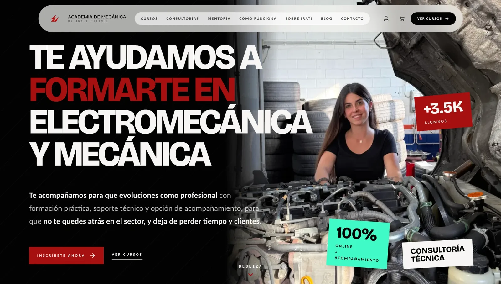 Home de la Academia de Mecánica de Irati Etxandi, con el titular de formación en electromecánica y el contador de más de 3.500 alumnos