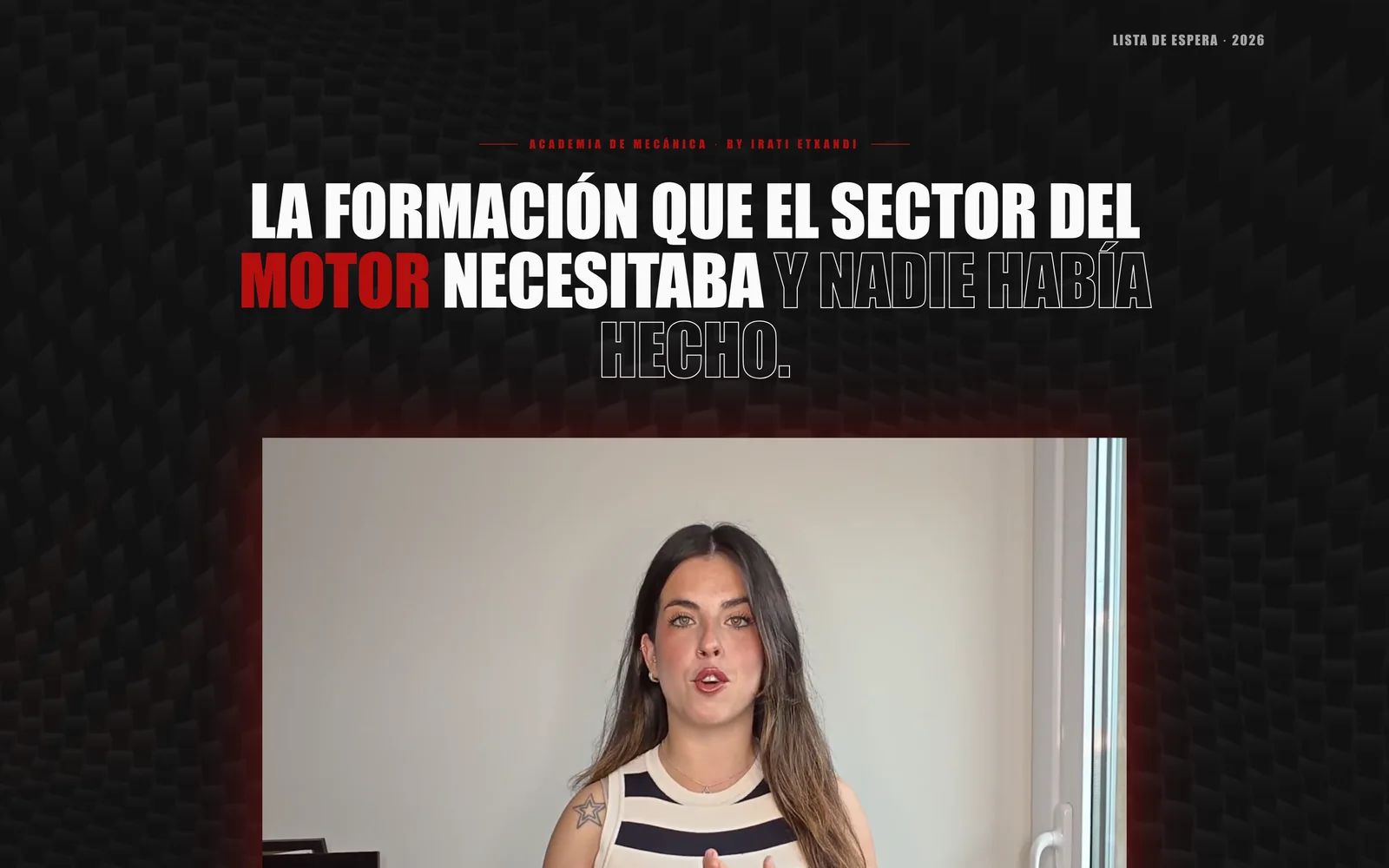 Waitlist landing page for Irati Etxandi's Academia de Mecánica, with the headline about training for the automotive sector and the intro video