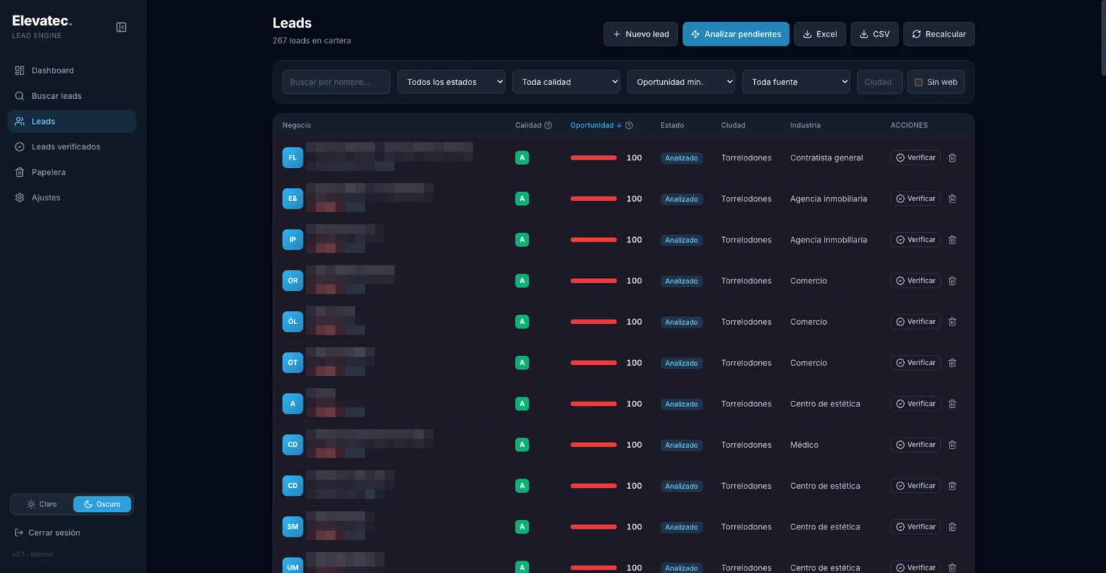 Lead Engine de Elevatec: listado de leads en cartera con su nota de calidad, puntuación de oportunidad, estado, ciudad e industria, y filtros por estado, calidad, fuente y negocios sin web. Los nombres de los negocios aparecen difuminados