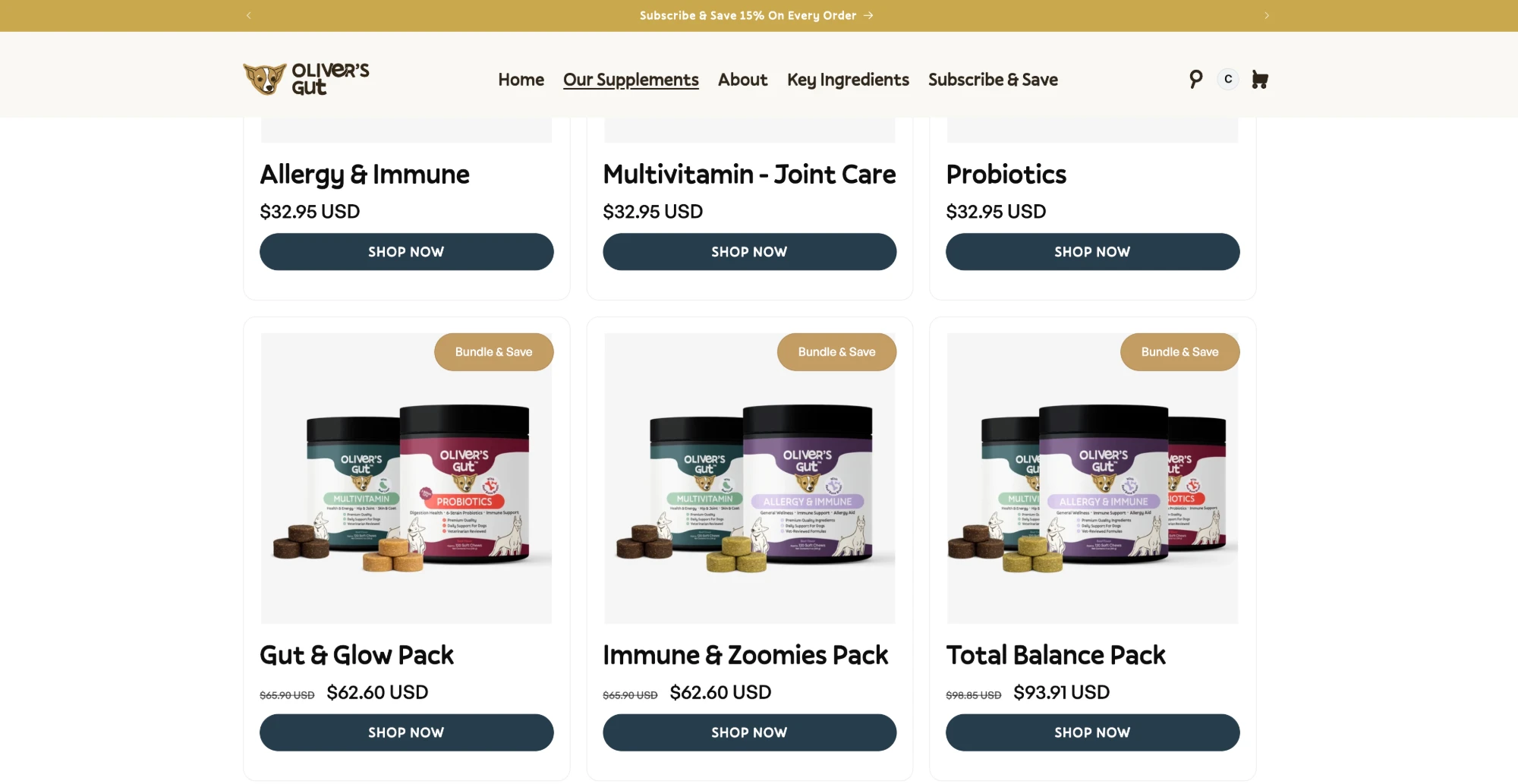 Tienda de Oliver's Gut en Shopify con los suplementos individuales y los packs Gut & Glow, Immune & Zoomies y Total Balance con precio agrupado