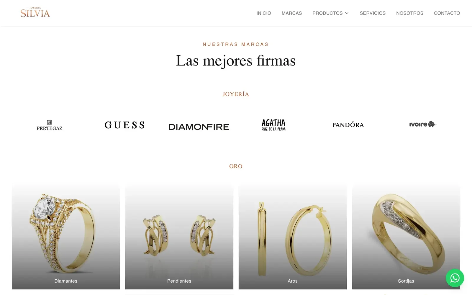 Sección de marcas de la web de Joyería Silvia, con las firmas que trabaja y las categorías de oro: diamantes, pendientes, aros y sortijas