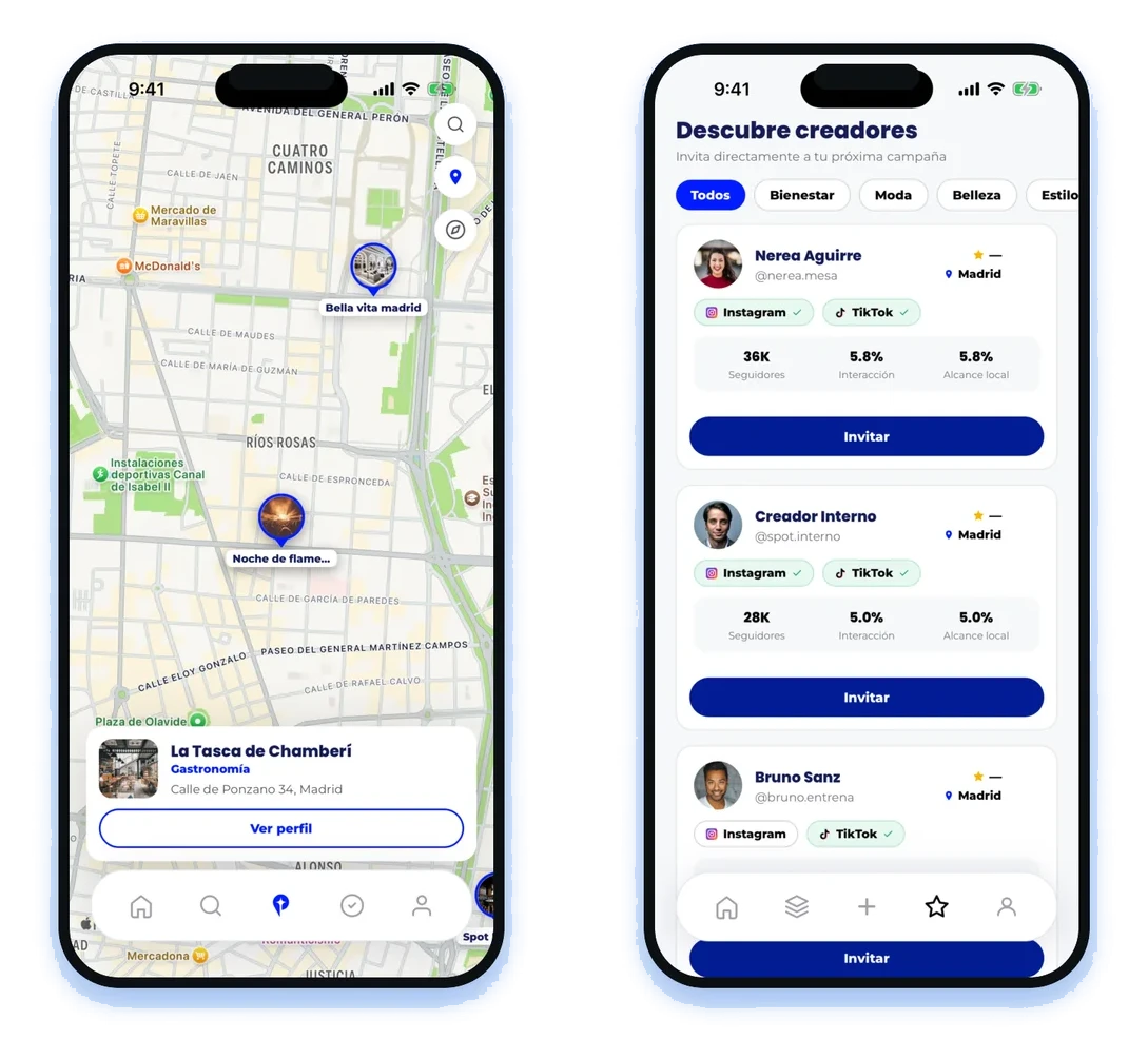 Dos pantallas de la app de SPOT en iPhone: el mapa del creador con los locales y eventos cercanos, y la búsqueda de creadores del negocio con sus redes verificadas y métricas