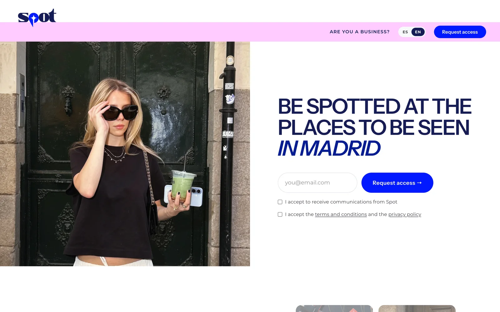 Portada de SPOT App con el titular Be spotted at the places to be seen in Madrid y el formulario de acceso anticipado