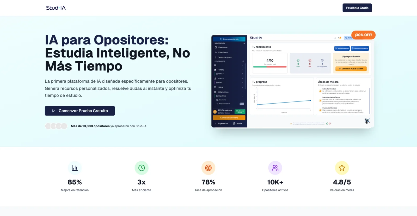 Portada de Stud-IA con el titular IA para opositores, estudia inteligente, no más tiempo, junto a una vista del panel de rendimiento del alumno
