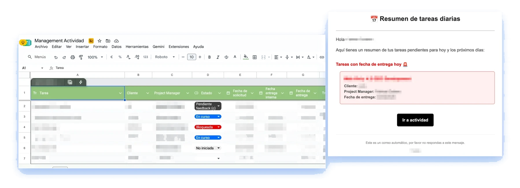 TresBe's task sheet with the status of each brief and, next to it, the daily summary email the automation sends with the tasks due today. All data is blurred
