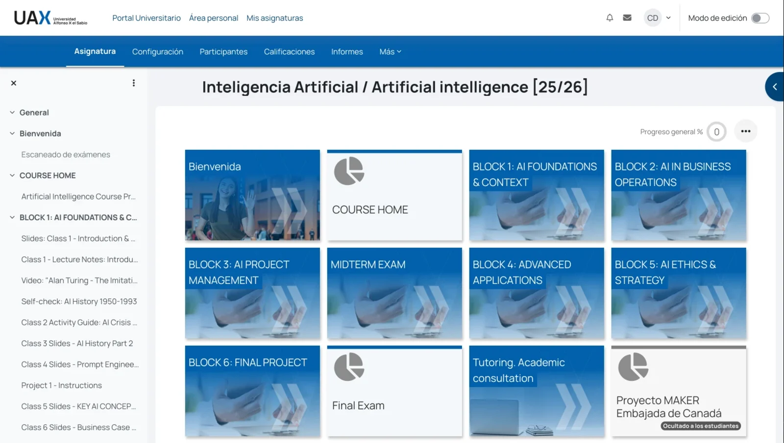 Aula virtual de la asignatura Inteligencia Artificial de la Universidad Alfonso X el Sabio, con los seis bloques del temario, el examen parcial, el proyecto final y la tutoría académica