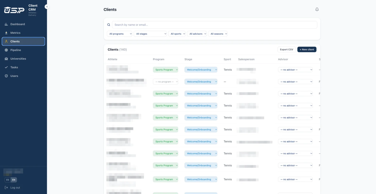 USP client CRM with the athlete list, their program and service stage