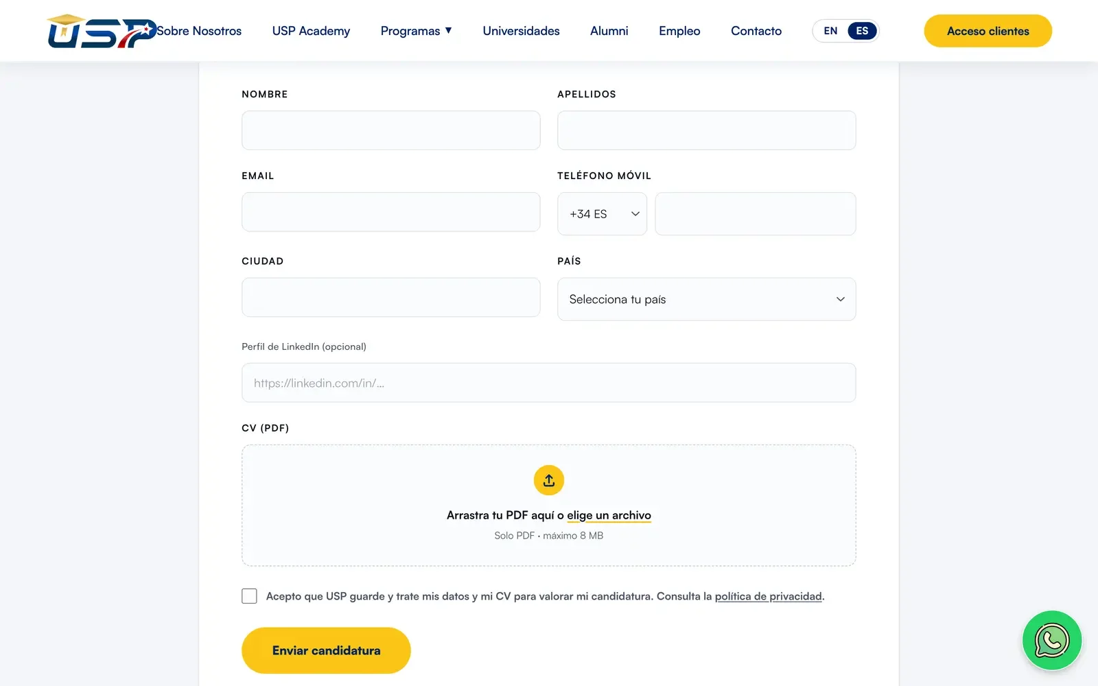 Formulario de candidatura del portal de empleo de USP, con nombre, apellidos, correo, teléfono con prefijo internacional, ciudad, país, perfil de LinkedIn y subida del CV en PDF