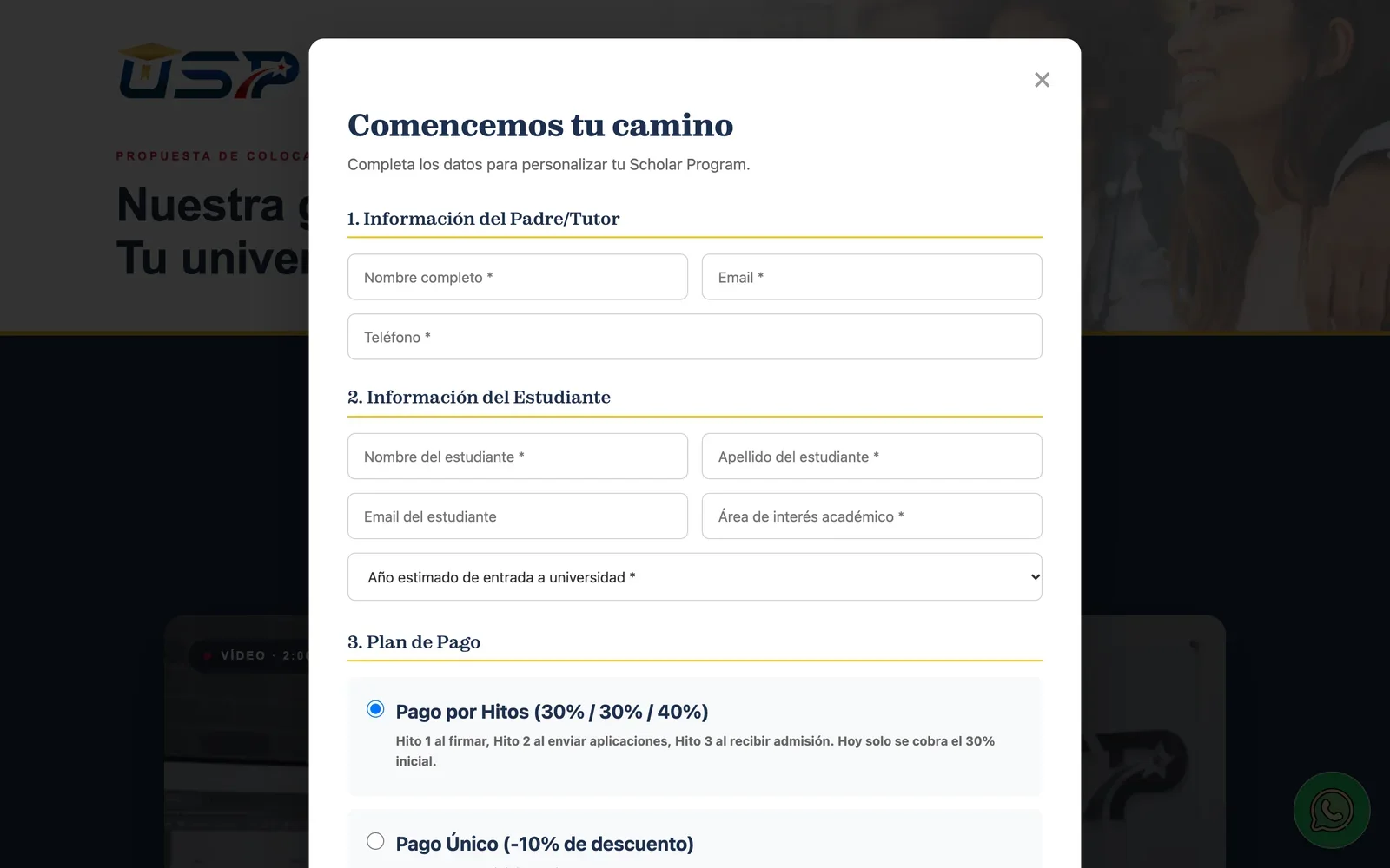 Formulario de contratación desde la propuesta de USP: datos del padre o tutor, datos del estudiante y elección del plan de pago, por hitos o en un único pago con descuento