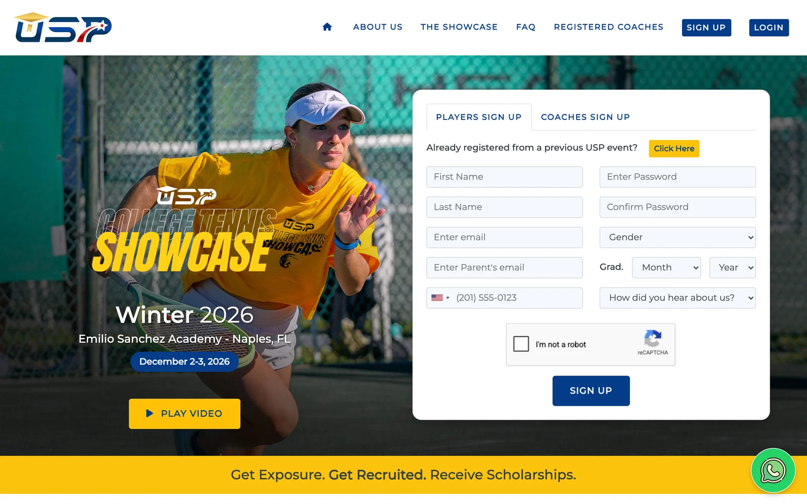Web del College Tennis Showcase de invierno de 2026 con el formulario de inscripción para jugadores y entrenadores