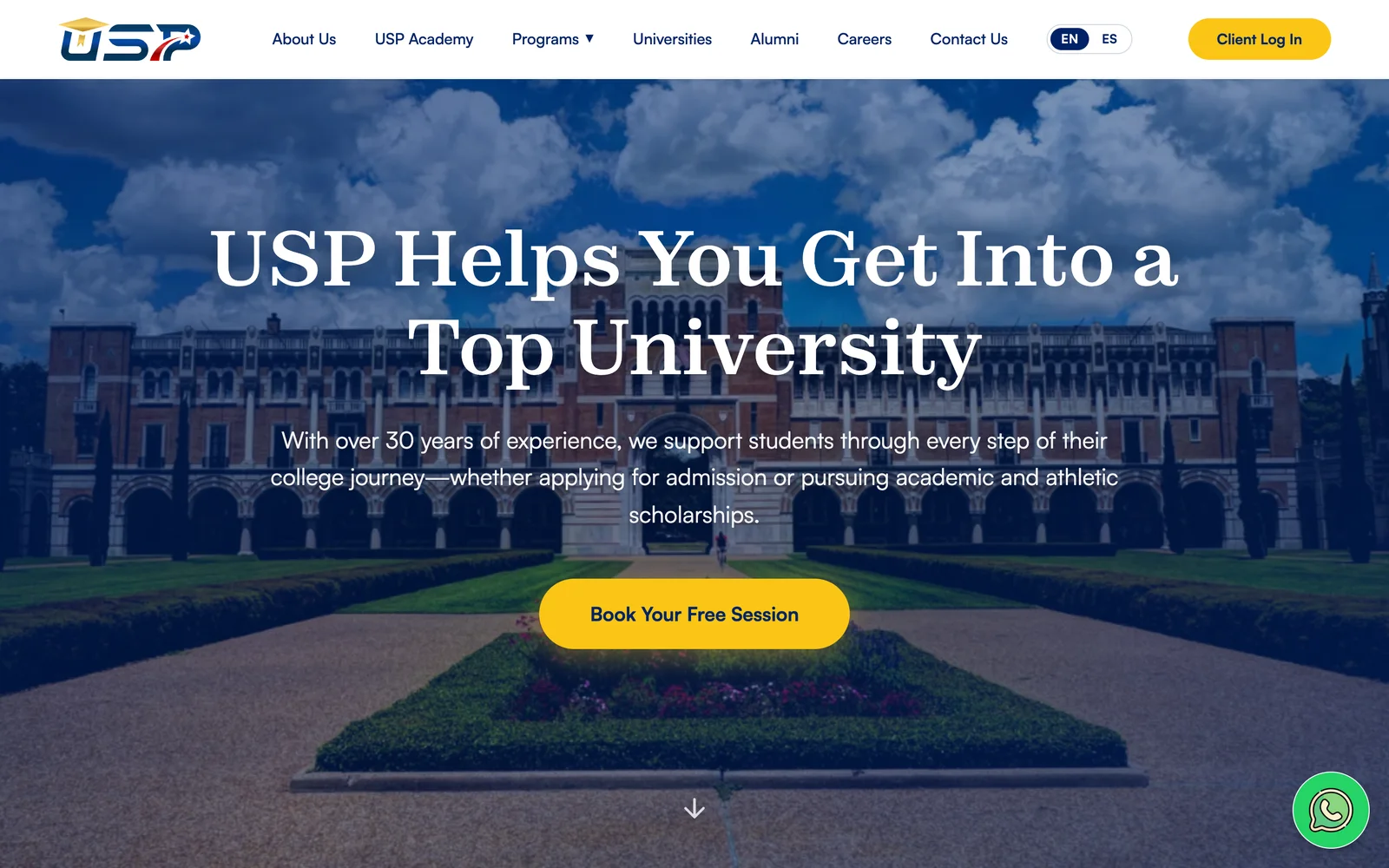 Portada de University Sports Program con el titular USP Helps You Get Into a Top University y el botón de reservar sesión gratuita
