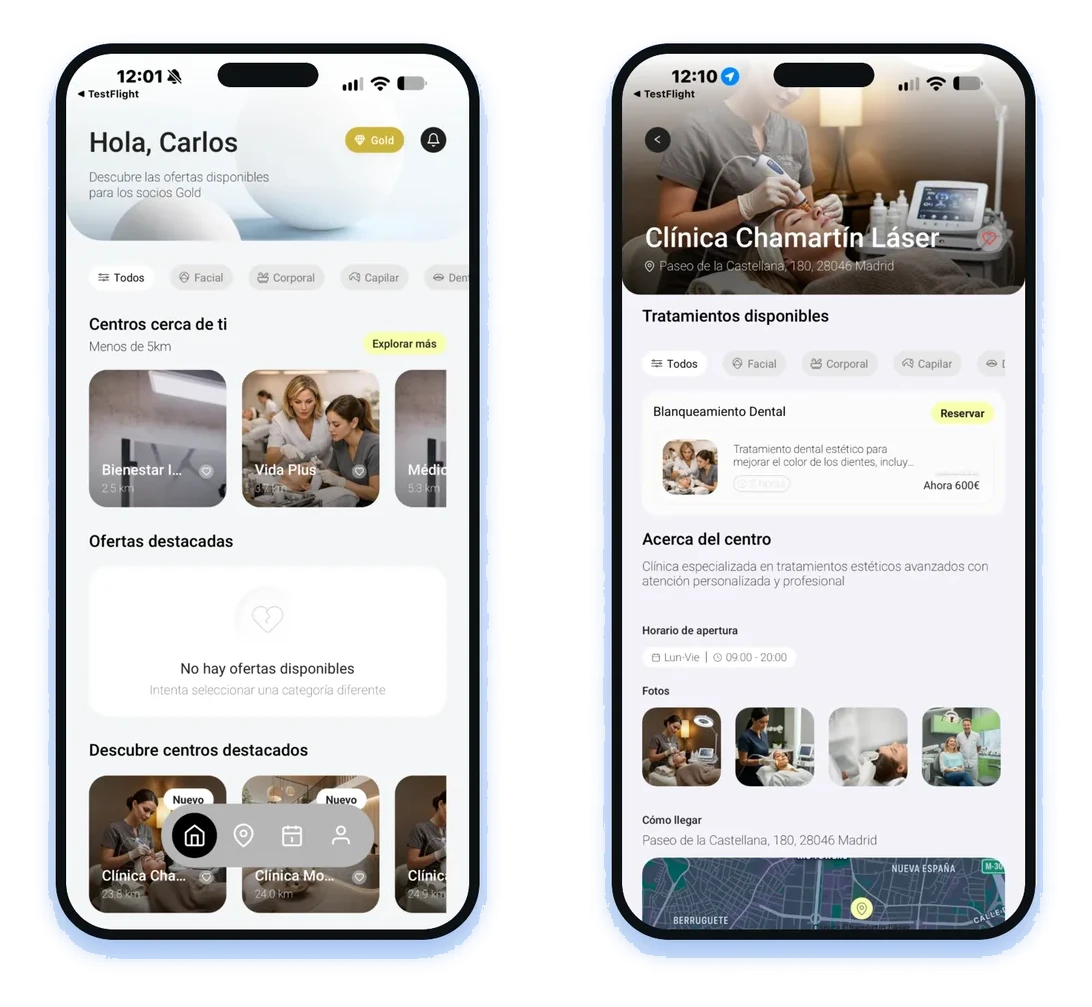 Dos pantallas de la app de Vértika en iPhone: el inicio con los centros cercanos y las ofertas para socios, y la ficha de una clínica con sus tratamientos y el botón de reserva