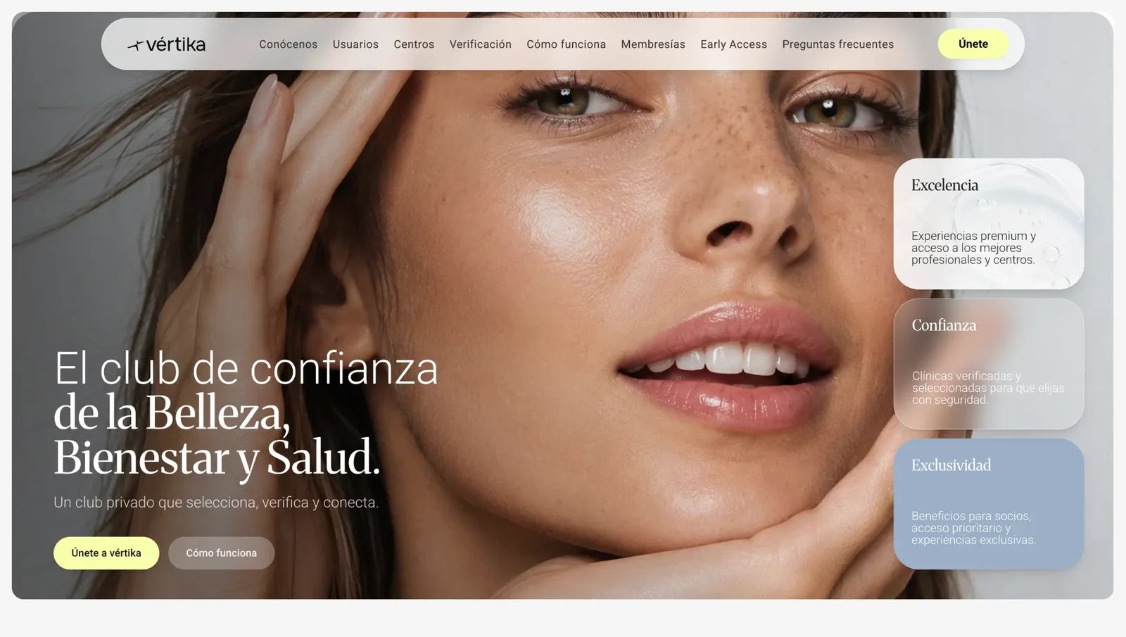 Web de lanzamiento de Vértika con el titular El club de confianza de la Belleza, Bienestar y Salud y los bloques de excelencia, confianza y exclusividad